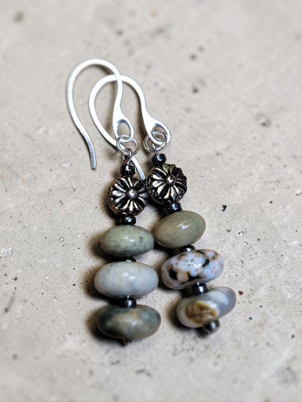Handmade Opal Dangle Earrings Silver Tone Boho Earthy Beaded Drop